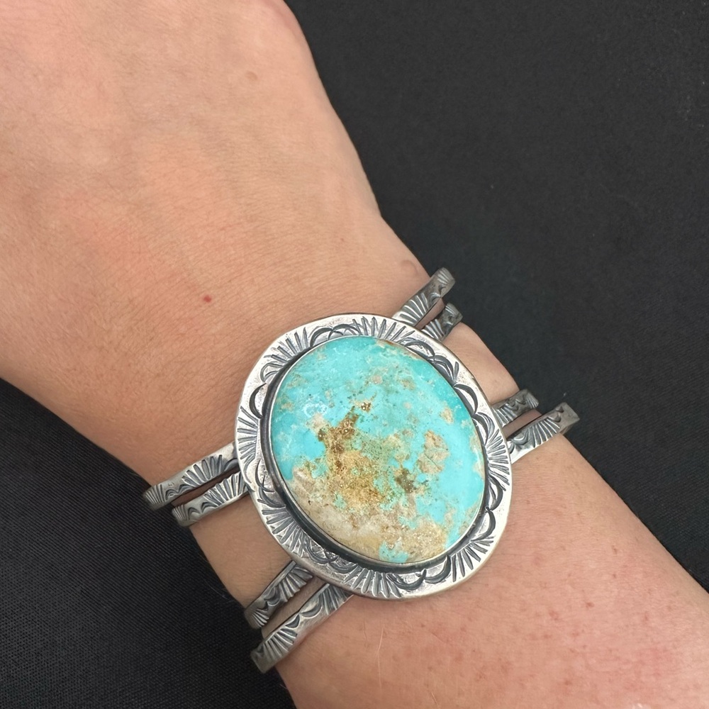 Royston Turquoise and Silver Stamped Bracelet by native artist Paul Livingston
